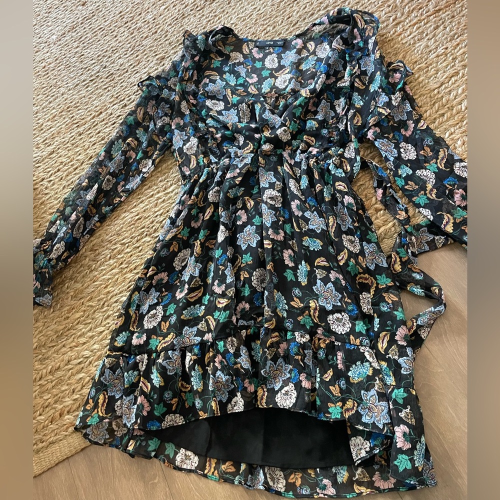 Mango Sheer Floral Black Mini Dress with Belt